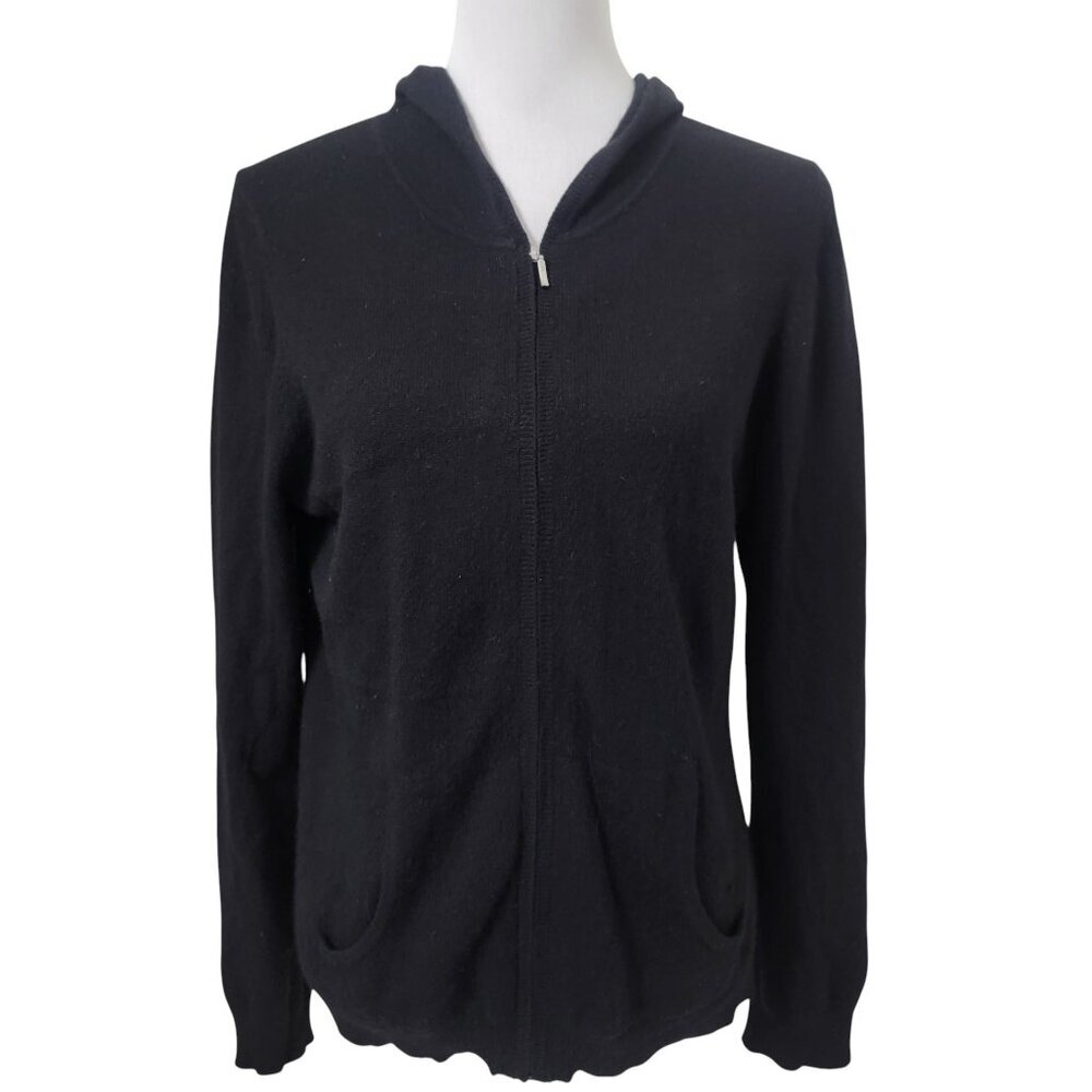 Charter Club Size L Cashmere Classic Black Zip-Front Hoodie Sweater Cardigan